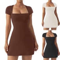 Fashion Square Neck Cap Sleeve Bodycon Dress