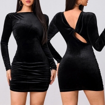 Sexy Crew Neck Backless Long Sleeve Bodycon Dress