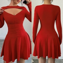 Sexy Crew Neck Front Cutout Long Sleeve Ruffle Hemline Mini Dress