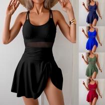 Fashion Square Neck Side Bowkot Swimming Dress