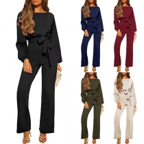 Fashion Crew Neck Long Sleeve Self-tie Straight-cut Jumpsuit