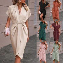 Fashion Solid Color V-neck Cap Sleeve Irregular Hemline Mini Dress
