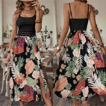 Fashion Floral Printed Square Neck Lace Spliced Waist Side Slit Slip Dress