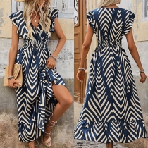 Fashion Printed V-neck Ruffle Cap Sleeve High-rise Maxi Dress