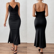 Sexy Lace Spliced V-neck Backless Fishtail Hemline Bodycon Dress