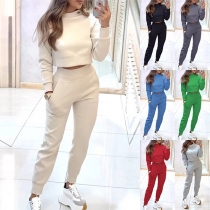 Casual Solid Color Two-piece Sporty Set Consist of Crop Sweatshirt and High-rise Sweatpants