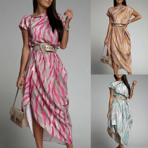 Fashion Contrast Color Crew Neck Short Sleeve Irregular Hemline Dress without belt