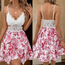 Sexy Lace Spliced Floral Printed V-neck Side Cutout Mini Dress