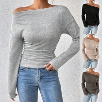 Fashion Solid Color Slant Shoulder Long Sleeve Shirt