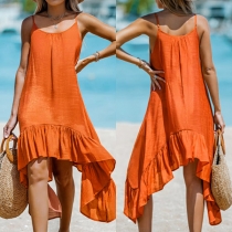 Casual Solid Color Square Neck Sleeveless Irregular Ruffle Hemline Slip Dress