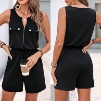 Casual Half-zipper V-neck Sleeveless Elastic Waist Romper