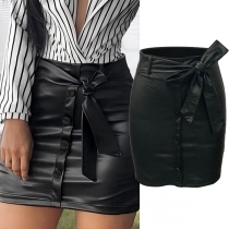 Fashion Front Button Self-tie High-rise Artificial Leather PU Skirt