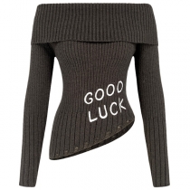 Fashion GOOD LUCK- Letter Strapless Long Sleeve Irregular Hemline Knitted Sweater