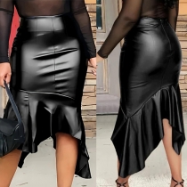 Fashion High-rise Irregular Ruffle Hemline Artificial Leather PU Skirt