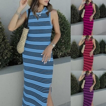 Casual Contrast Color Stripe Printed Crew Neck Sleeveless Side Slit Bodycon Dress