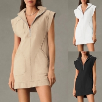 Fashion Half-zip V-neck Sleeveless Patch Pockets Mini Dress