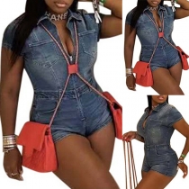 Fashion Half-zip V-neck Short Sleeve Old-washed Denim with Belt