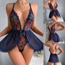 Fashion Lip Printed V-neck Lace Spliced Gauze Front Slit Two-piece Lingerie Set