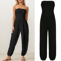 Casual Solid Color Strapless Ruched Side Pockets Loose Jumpsuit
