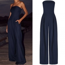 Elegant Strapless Side Pockets Wide-leg Jumpsuit