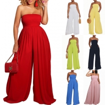 Sexy Strapless Smocked Bodice Wide-leg Jumpsuit