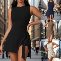 Fashion Crew Neck Sleeveless Irregular Hemline Self-tie Romper for Sports