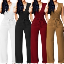 Elegant Solid Color V-neck Sleeveless Self-tie Wide-leg Jumpsuit