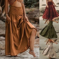 Bohemia Style Elastic Waist Side Patch Pockets Tiered Maxi Skirt