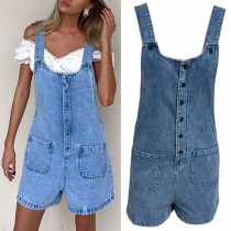 Casual Square Neck Front Button Patch Pockets Old-washed Denim Suspender Romper