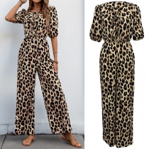 Fashion Leopard Printed Self-tie Crew Neck Short Sleeve High-rise Jumpsuit