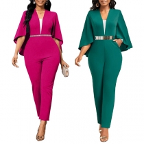 Elegant V-neck Ruffle Batwing Sleeve High-rise Jumpsuit