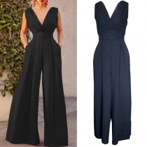 Elegant Solid Color V-neck Sleeveless Backless High-rise Wide-leg Jumpsuit