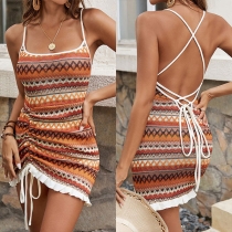Sexy Colorful Wave Pattern Halter Neck Sleeveless Side Drawstring Cross-criss Backless Ruffle Hemline Dress