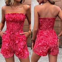 Fashion Floral Printed Strapless Smocked Romper