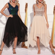 Fashion V-neck Sleeveless Irregular Hemline Bling-bling Sequin Spliced Chiffon Party Dress