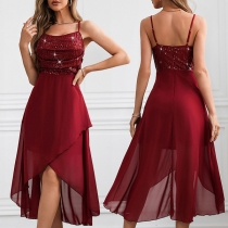 Sexy Draped Square Neck Backless Sequin Spliced Chiffon Irregular Hemline Dress