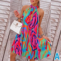 Fashion Floral Printed Halterneck Sleeveless Pleated Dress