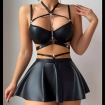 Sexy O-ring Cross-criss Lace-up Artificial Leather PU Two-piece Lingerie Set