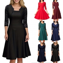 Elegant Square Neck Lace Spliced Elbow Sleeve High-rise Dress