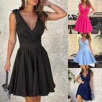 Fashion Solid Color Bowknot V-neck High-rise Dress