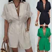 Fashion Stand Collar Front Button Short Sleeve Patch Pockets Elastic Waist Romper