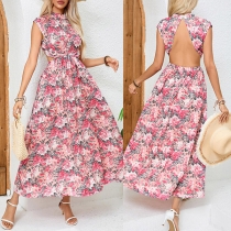 Fashion Floral Printed Halterneck Backless Cinch Waist Midi Dress