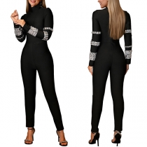 Fashion Mock Neck Rhinestone Long Sleeve Skinny Jumpsuit