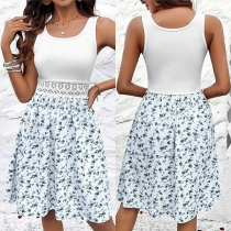 Fashion Square Neck Sleeveless Hollow Out Floral Printed Mini Dress