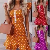Fashion Dot Printed Square Neck Cap Sleeve Ruffle Hemline Mini Dress