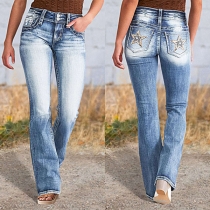 Fashion Star Embroidery High-rise Old-washed Denim Jeans