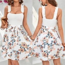 Fashion Ruffle Shoulder Strap Square Neck Self-tie Waist Floral Printed Mini Dress