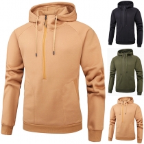 Fashion Solid Color Half-zipper Long Sleeve Side Pockets Drawstring Hooded Sweatshirt for Men