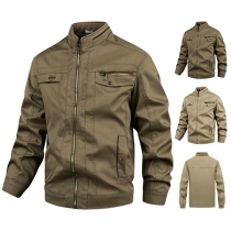 Fashion Stand Collar Long Sleeve Front Zipper Multi-pockets Jacket for Men