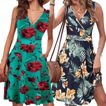 Fashion Floral Printed V-neck Sleeveless High-rise Dress